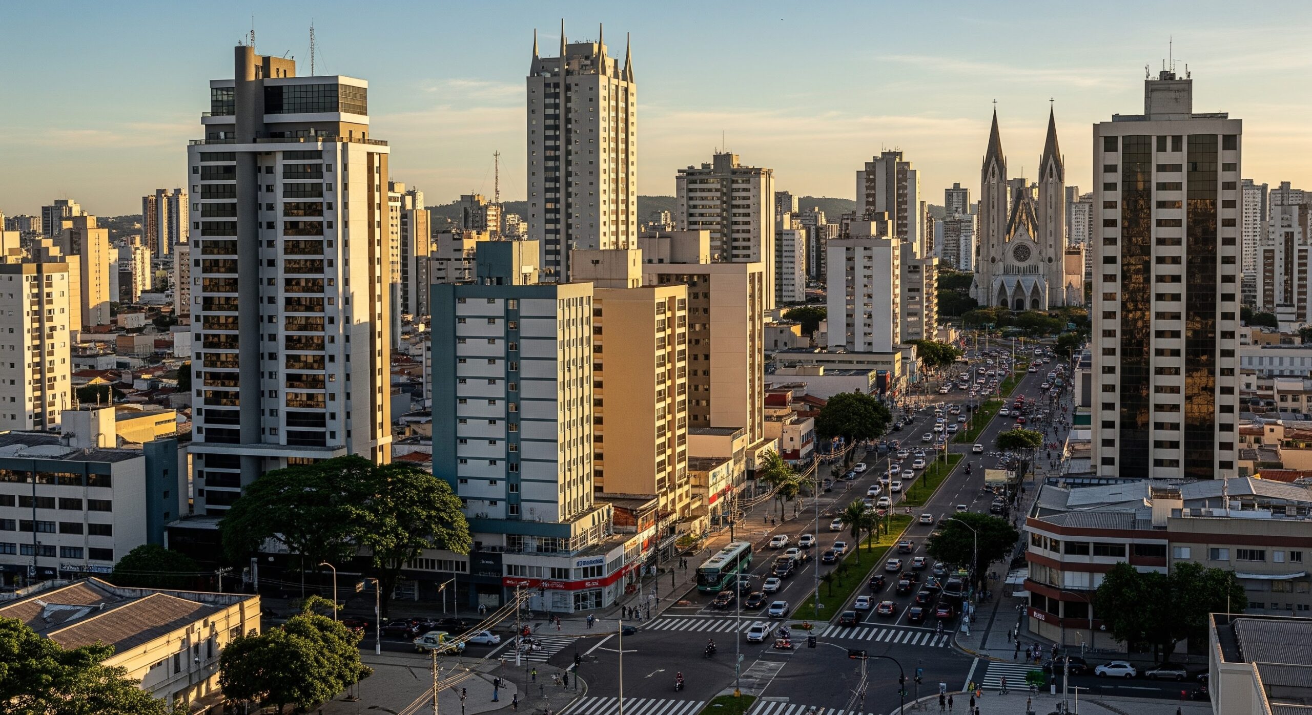 Vista panorâmica do centro de uma cidade moderna com prédios altos, ruas movimentadas e uma igreja ao fundo, ao entardecer com céu claro.